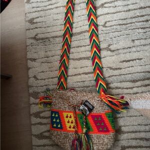 Red and Green Chevron Crossbody Bag with Tassels